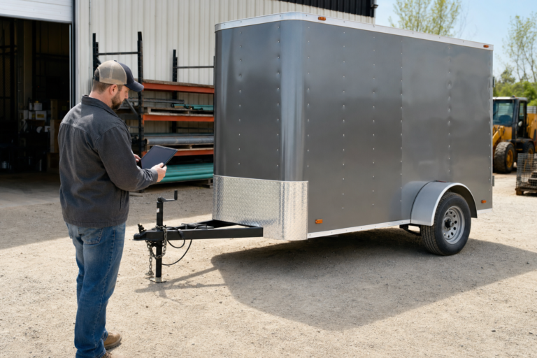 Contractor evaluating an enclosed utility trailer with a tablet